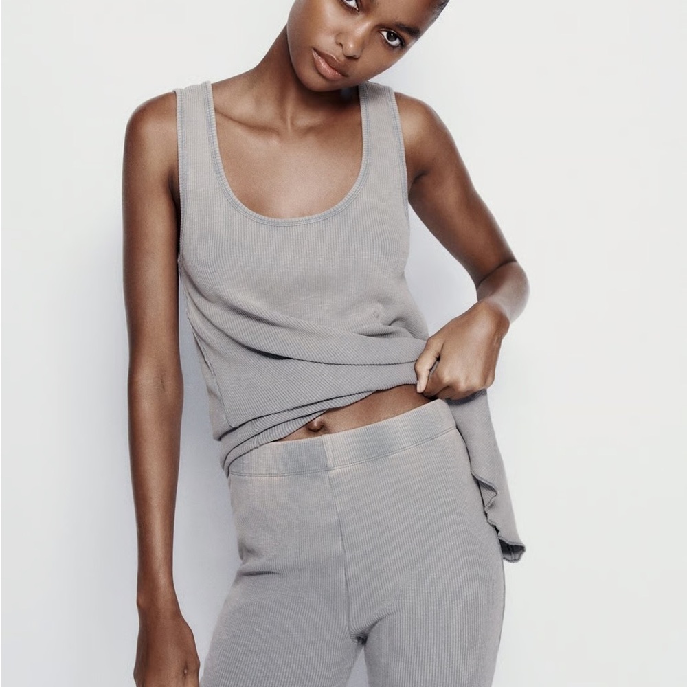 Zara Gray Washed Effect Ribbed Tank and Leggings Set